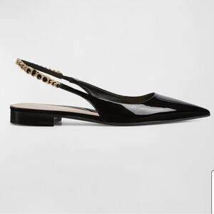Gucci Black Patent Leather Pointed Slingback Flats with Gold Chain